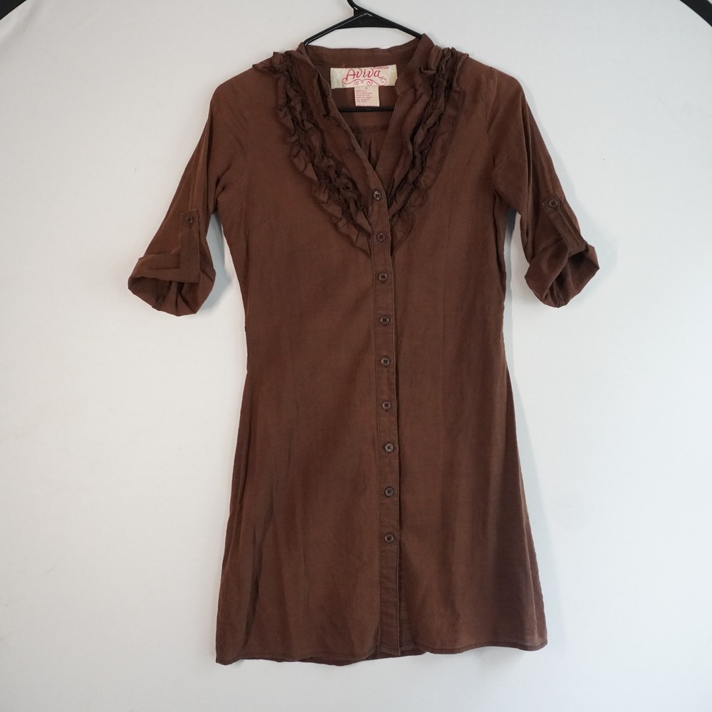 VTG Y2K Aviva Brown Ruffled Button Up Shirt Dress Roll Tab Sleeves‎ S Western